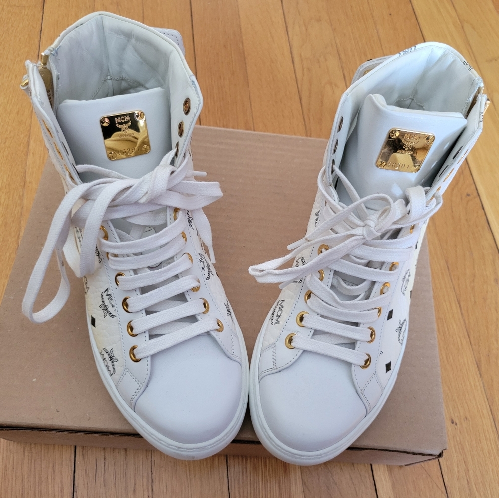 White MCM Visetos High Top Leather Sneakers Gold size 6.5-7(37 eur)